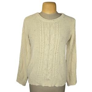 Hem & Thread Cable Knit Sweater Medium Cream Flecked Aran Style Neutral Cozy